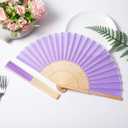 Sepwedd 50pcs Violet Imitated Silk Fabric Bamboo Folded Hand Fan Bridal Dancing Props Church Wedding party favors with Organza Bags