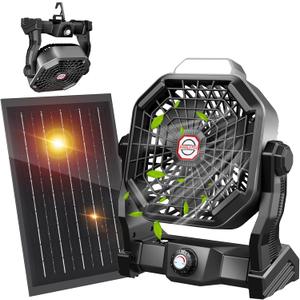 JINLICTE Solar Fan with LED Lantern, Camping Fan with 7W Solar Panel, Rechargeable Solar Powered for Outside, Quiet Battery Operated Tent for Picnic, Barbecue, Fishing, Travel (10400mAh, Black)