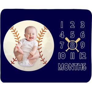 Baby Monthly Milestone Blanket Boy - Newborn Month Blanket Unisex Neutral Personalized Shower Gift Baseball Sports Nursery Decor Photography Background Prop with Frame Large 51''x40''
