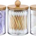 3 Pack Qtip Holder Dispenser with Bamboo Lids - 10 oz Clear Plastic Apothecary Jar Containers for Vanity Makeup Organizer Storage - Bathroom Accessories Set for Cotton Swab, Ball, Pads, Floss