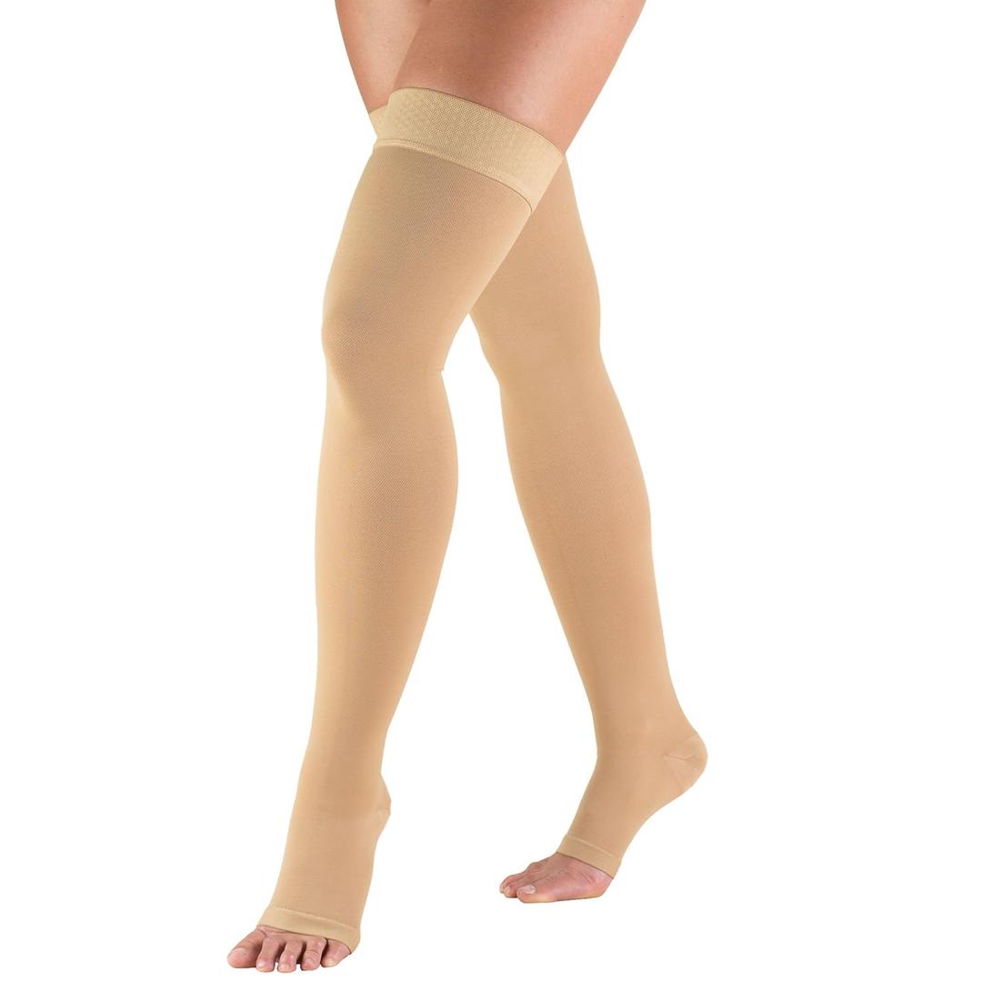 Truform 20-30 mmHg Compression Stockings for Men and Women, Thigh High Length, Dot-Top, Open Toe, Beige, Medium (Medium (1 Pair))