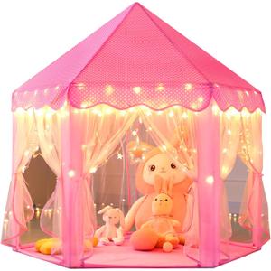 Monobeach Princess Castle Play Tent for Girls - Large 55'' x 53'' Playhouse with Star Lights for Indoor and Outdoor Play  Pink Tent with Large Star Lights