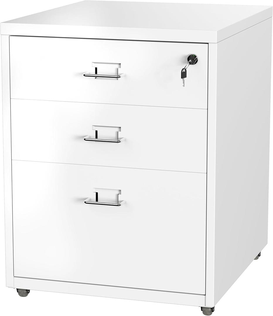 3 Drawer Mobile Cabinet with Lock, Metal Storage Cabinets for Home Office, Under Desk Cabinets with Drawers, Mobile File Cabinet, Assemble Required, White