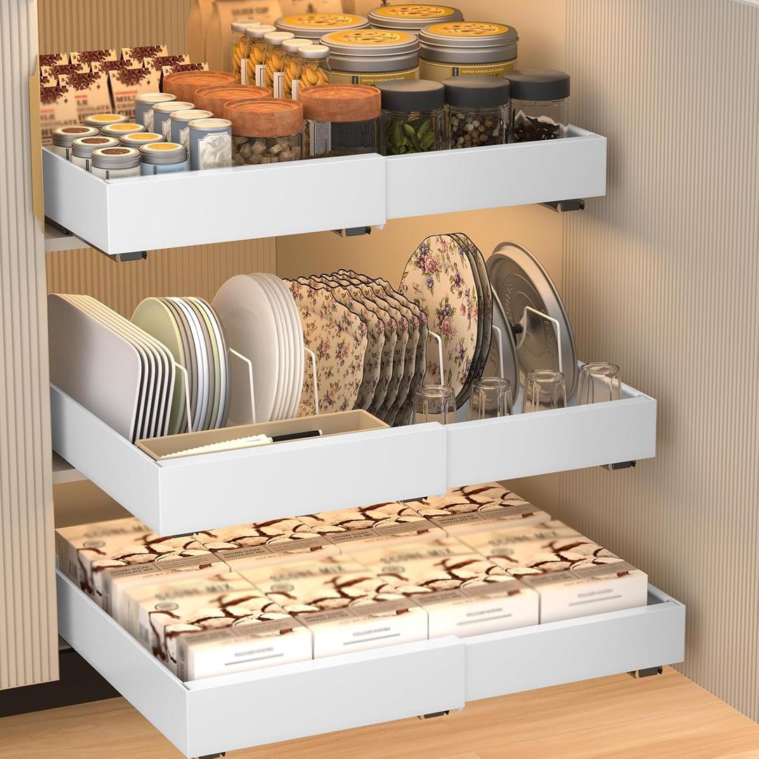 2 Pack Pull Out Cabinet Organizer, Expandable Sliding Drawers for Cabinets (12.6"-20.5"), with 6 Adjustable Partitions, Heavy Duty Slide Out Drawers for Kitchen Cabinets, Living Room, Pantry, White