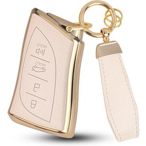 QBUC for Lexus Key Fob Cover with Keychain,Upper Leather + Soft TPU Car Key Case Shell for Lexus 2018-2025 ES350 ES300h UX200 RX350 RX450h NX300h GX460 TX550 LX600 LS500 LC500h,4 Buttons(Beige)