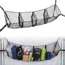 Heavy Duty Ice Fishing Tent Cargo Net - Expandable Nylon Storage Organizer with 3 Pockets & Adjustable D-Rings - Black Gear Hammock for Shelter Organization (70 x 15.7 Inch)