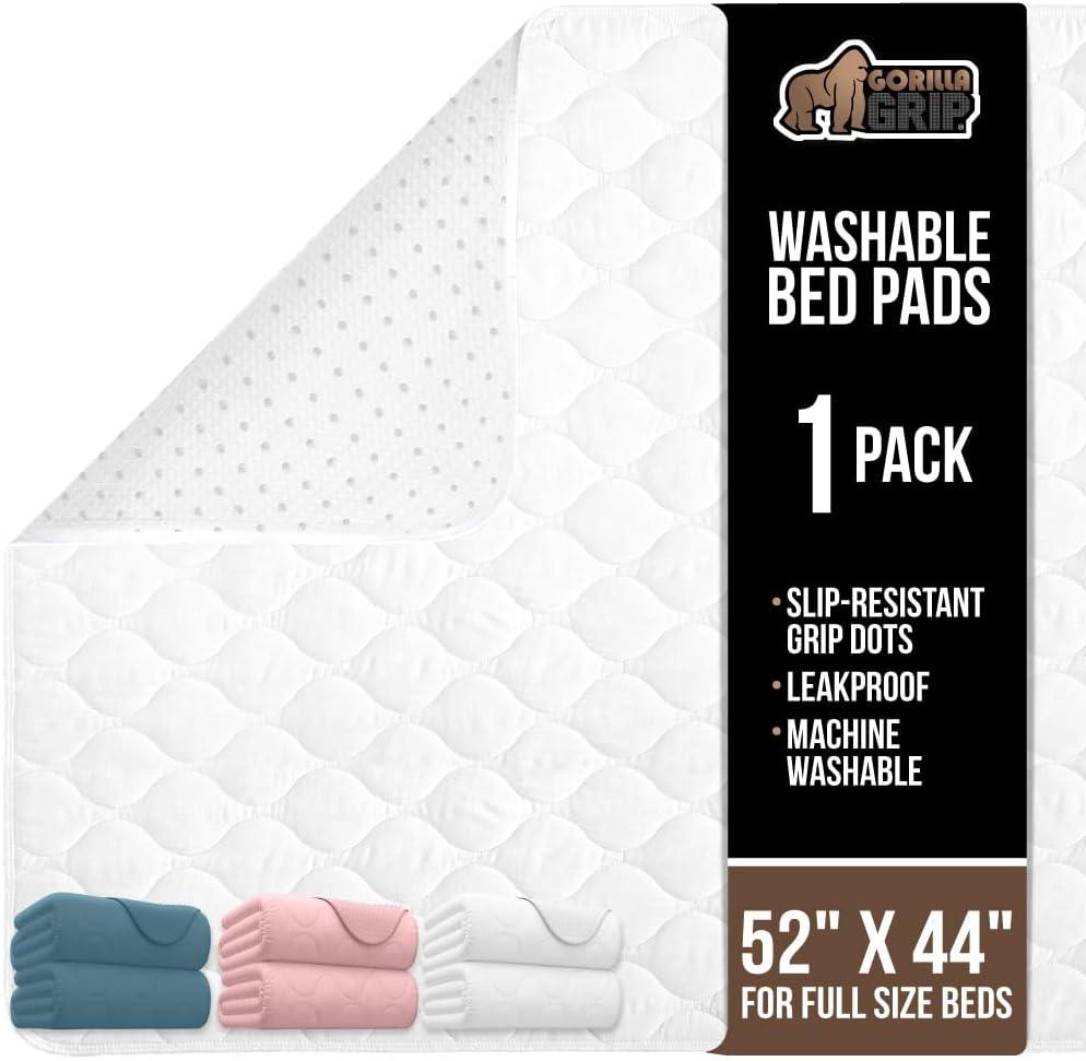 GORILLA GRIP Washable Reusable Underpads, 52x44, White | Heavy Absorbency Incontinence Bed Wetting Pads, Leak Proof Toddler Mattress Pad, Slip Resistant Protector for Adults and Kids