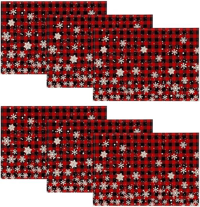 Artoid Mode Red and Black Buffalo Plaid Christmas Placemats for Dining Table, 12 x 18 Inch Seasonal Winter Xmas Snowflakes Holiday Rustic Vintage Thanksgiving Washable Table Mats Set of 6