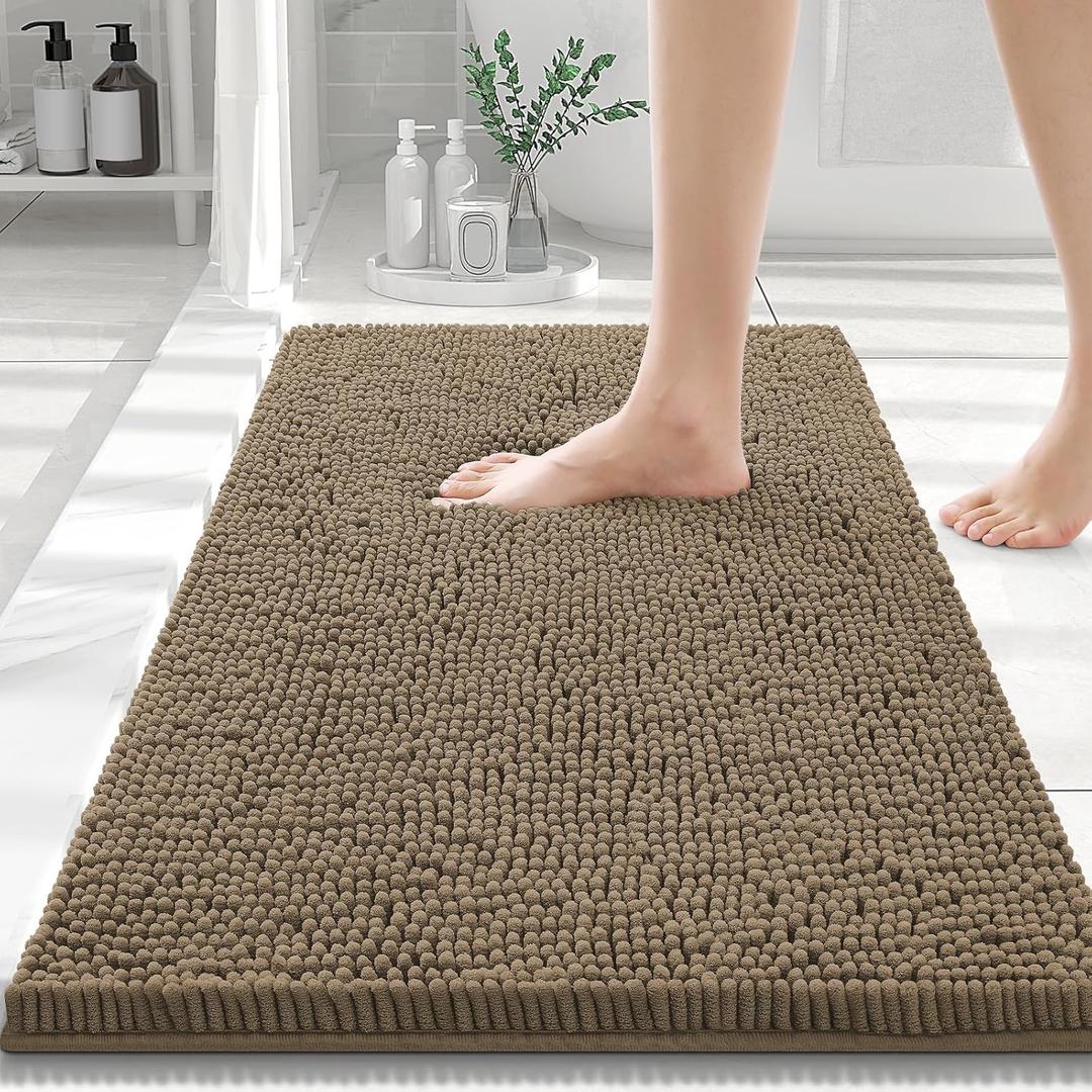 Smiry Luxury Chenille Bathroom Rugs 30x20, Extra Soft and Absorbent Shaggy Bath Mat, Machine Washable, Non-Slip Plush Carpet Runner for Tub, Shower, and Floor, Home Decor Accessories, Camel