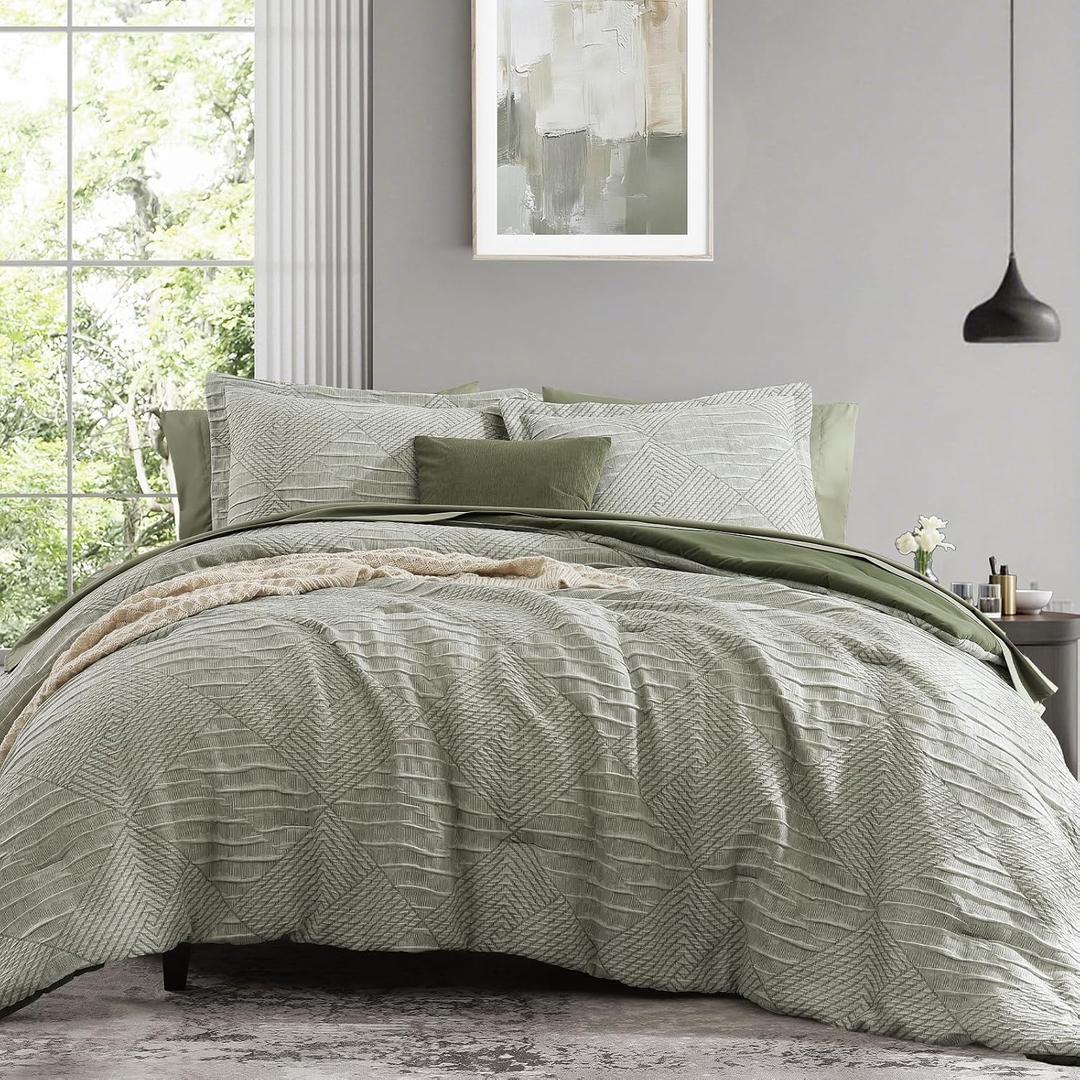 MaiRve King Comforter Set Crinkle Textured, Light Olive Green Diamond Boho Bedding Set 7 Pieces Bed in A Bag, All Season Geometric Comforter Set with Sheets, Pillowcases & Shams