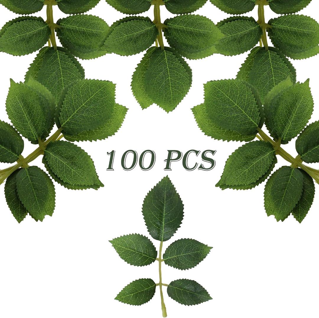 100 Pcs Artificial Flowers Green Leaf Bulk Faux Greenery Silk Fake Rose Leaves Bouquet Garland Wreath Floral Arrangement Supplie DIY Craft (1 Stem with 5 Medium-Leaf Green)