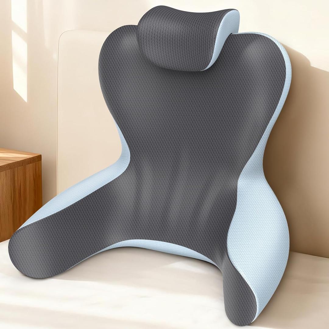 Reading Pillow for Sitting in Bed,22" H Back Support Pillow for Sitting up,Back Rest & Lumbar Support Pillows with Arms, Bed Rest Chair Cushion,Chaise Lounges Reclining,Gaming,Work,Resting(Grey&Blue), Large Size