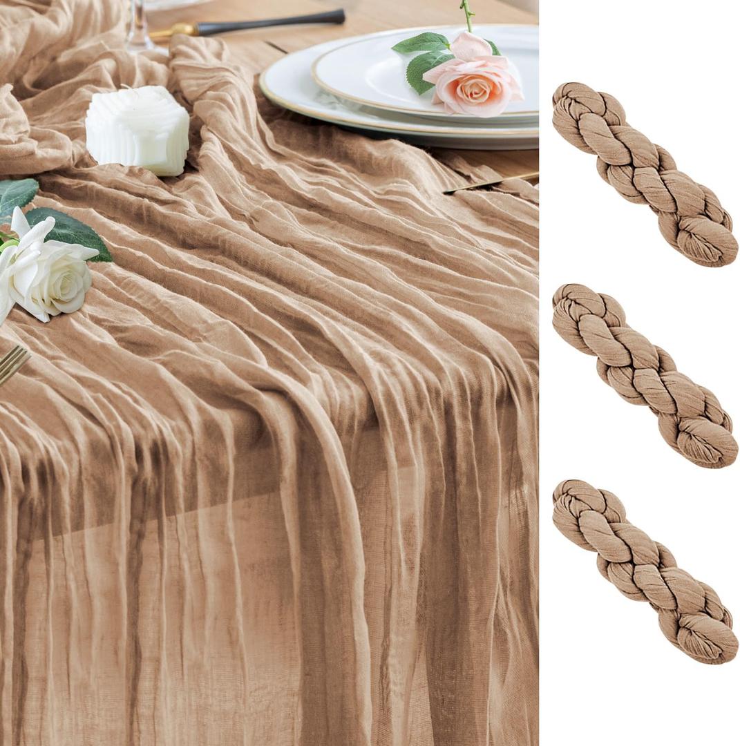 Wokceer Cheesecloth Table Runner Thanksgiving 3Pack 10FT Nude Brown Boho Gauze Cheese Cloth Table Runner Christmas for Party Rustic Sheer Runners for Baby Bridal Shower Wedding Table