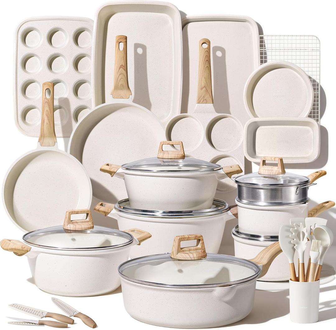 CAROTE 44pcs Pots and Pans, Nonstick Cookware Sets with Bakeware
Induction Cooking Set with Kitchen Knife Set & Egg Pan, Durable, Easy Clean, Even Heating