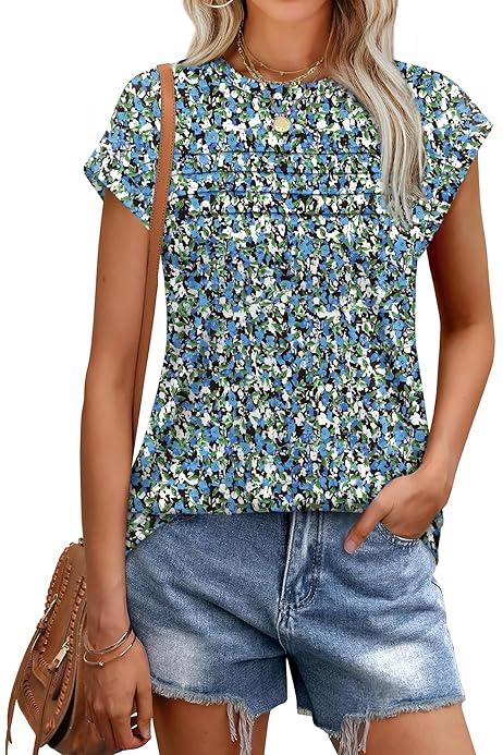 XIEERDUO Womens Tops Short Sleeve Shirts Blouses for Women Dressy Casual Cap Sleeve Tops with Curved Hem, L