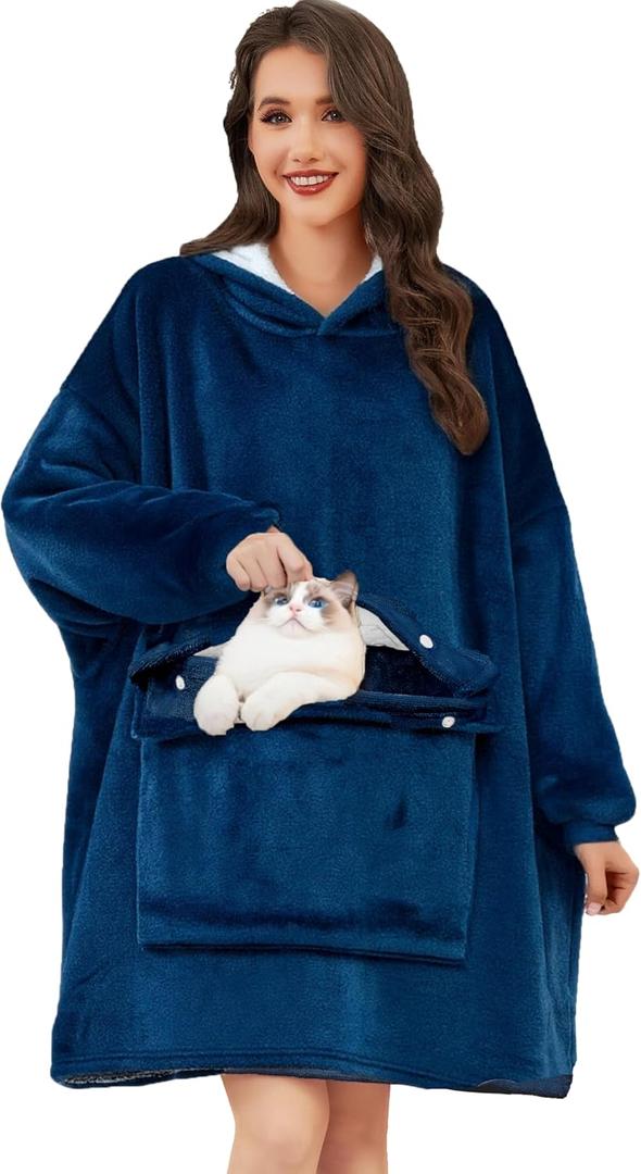 Wearable Blanket Hoodie for Adults Women Men, Oversized Soft Warm Sherpa Fleece Hoodie with Pets Giant Pocket (Navy Marine Blue)