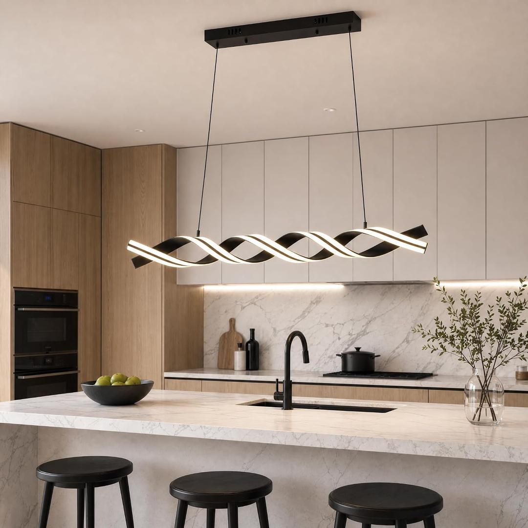 Modern LED Spiral Wave Chandelier, 45 Inch Smart Dimmable Hanging Pendant Light, 56W Linear Fixture for Dining Room, Kitchen Island, Black