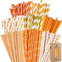 200 Pieces Thanksgiving Paper Straws Orange and Gold Assorted Paper Straws Biodegradable Drinking Straw Mix for Fall Leaf Autumn Wedding Supplies, 8 Style, 200 Count