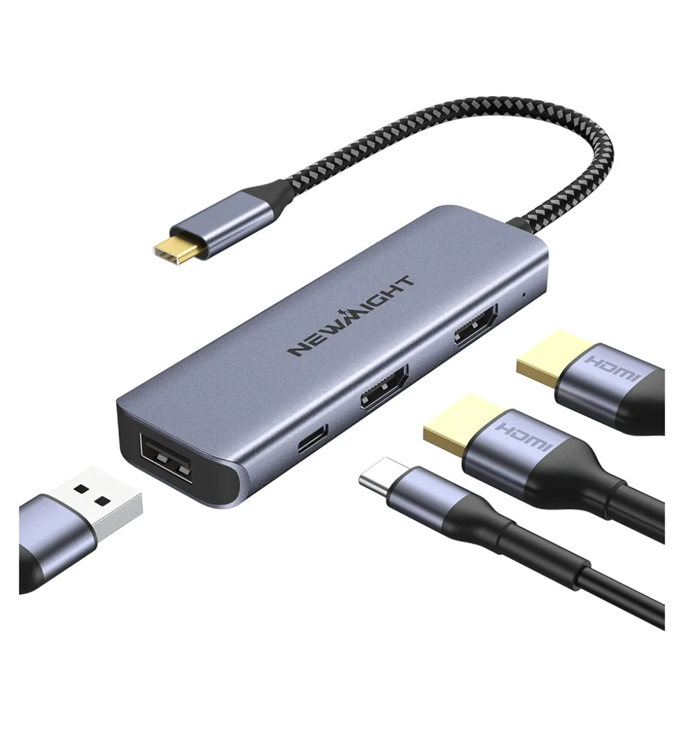 USB C Dual HDMI Adapter for 2 Monitors, Newmight 4-in-1 USB C to Dual Monitor HDMI Splitter, Supports Single 4K 60Hz and Dual 4K 30Hz, 100W PD, USB-A Port for MacBook, HP, Dell, iPhone 15/16 Series