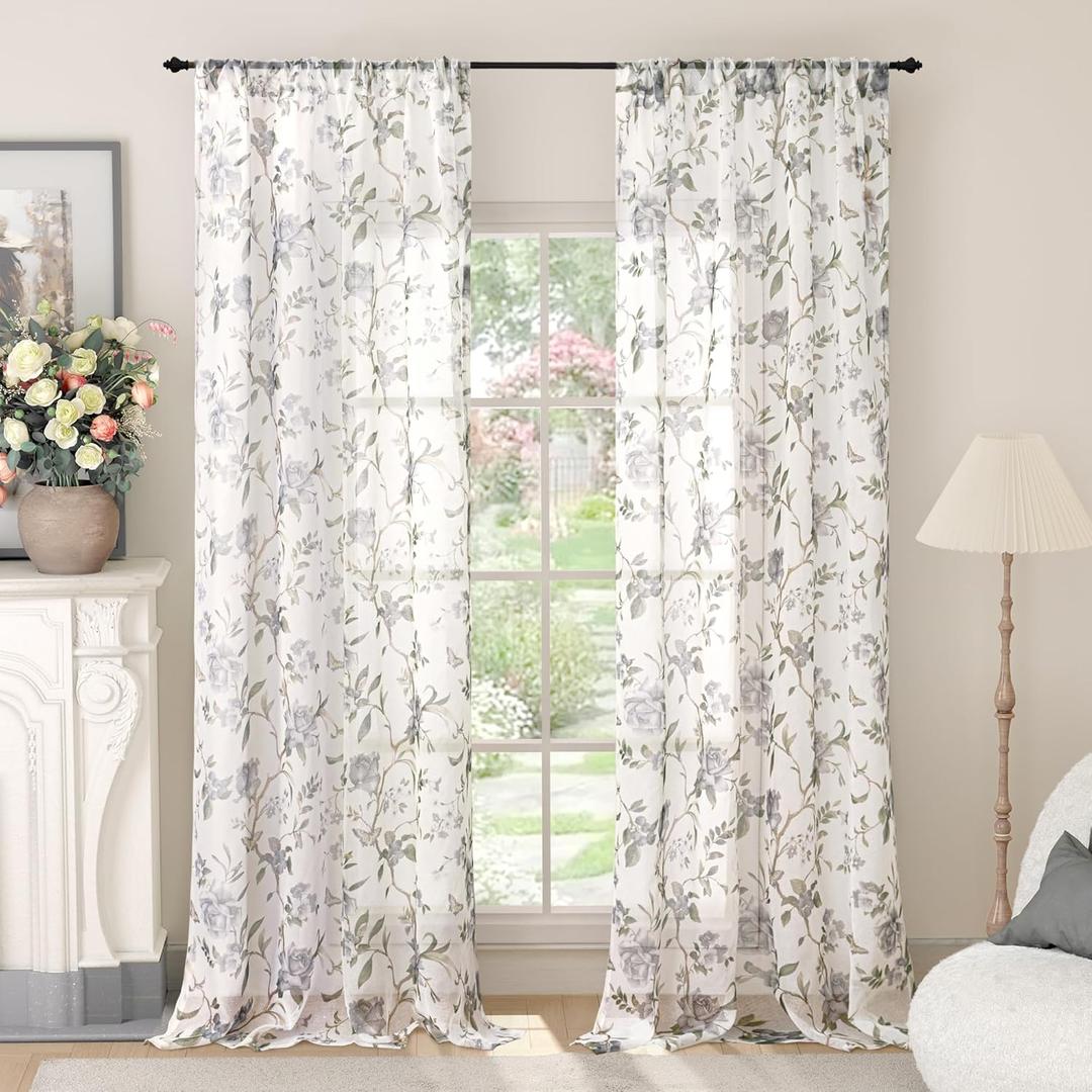 Floral Sheer Curtains for Living Room Window, Vintage Farmhouse Light Filtering Privacy Semi-Sheer Linen Curtains for Bedroom 96 Inch Length 2 Panels, Rod Pocket, Grey, Each 52 Inch Wide