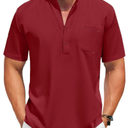 COOFANDY Men's Casual Henley Shirt Short Sleeve Summer Beach Band Collar Shirt Hippie Henley T-Shirts with Pocket, M