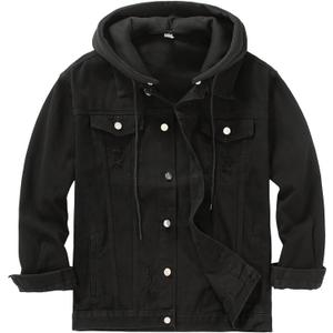 DOSLAVIDA Men's Distressed Denim Jacket Unisex Button Down Jean Coat Casual Long Sleeve Trucker Hooded Jackets Outwear (Black, XL)