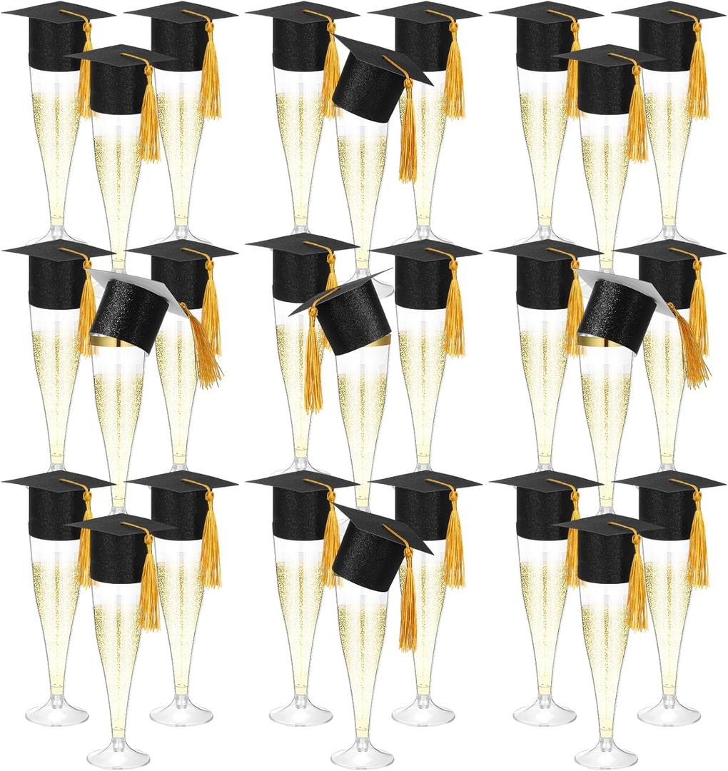 Funnymoom 24 Pack Plastic Champagne Flutes Set Disposable Glitter Glasses Mini Graduation Caps with Tassels 4.5 oz Clear Toasting Cups for Graduation Party Favor (Gold)