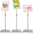 8.5"x11" Pedestal Poster Stand with Heavy Duty Solid Steel Base, Adjustable Floor Standing Sign Holder for Vertical and Horizontal Display, Silver 3Pack