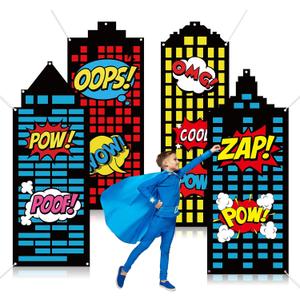4 Pcs Large Fabric Super Themed Hero Banner Super City Party Decoration City Skyline Building Hanging Backdrop Colorful Skyscraper Party Supplies for Kids Boys Birthday Baby Shower Porch Wall Decor