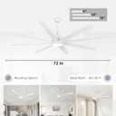 72 Inch Large Ceiling Fans with Lights and Remote Control, 6 Wind Speeds, LED Dimmable DC Reversible indoor/outdoor Ceiling Fans with 8 Blades for Living Rooms, Kitchen, Patio, White