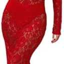 ZGMYC Women's Elegant Floral Lace Maxi Dress Sexy See Through Long Sleeve Evening Dress Party Cocktail Dress Beach Cover Ups,Color: Red Mock Neck, M