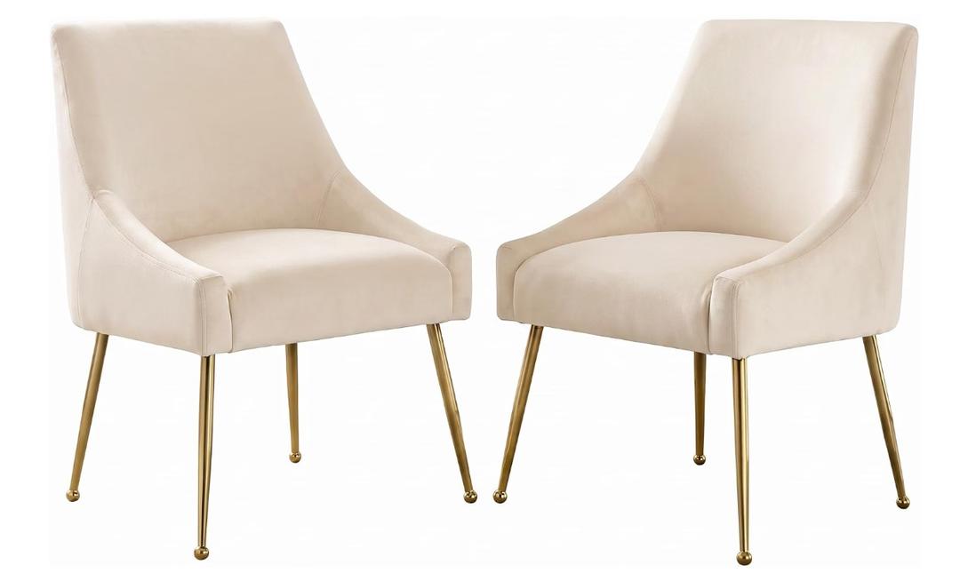 Dining Chairs Set of 2, Velvet Upholstered Modern Dining Chair with Elegant Gold Metal Legs, Mid-Century Dining Room Chair for Living Room White