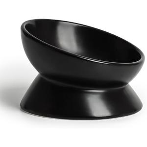 YauYik Ceramic Raised Cat Bowl - Cat Food Bowl Elevated Tilted for Short Leg Cats and Small Dogs - 6 Inches Whisker Friendly Pet Bowl Dish, Reduce Neck Burden Feeding Bowl, Black, 10 Oz