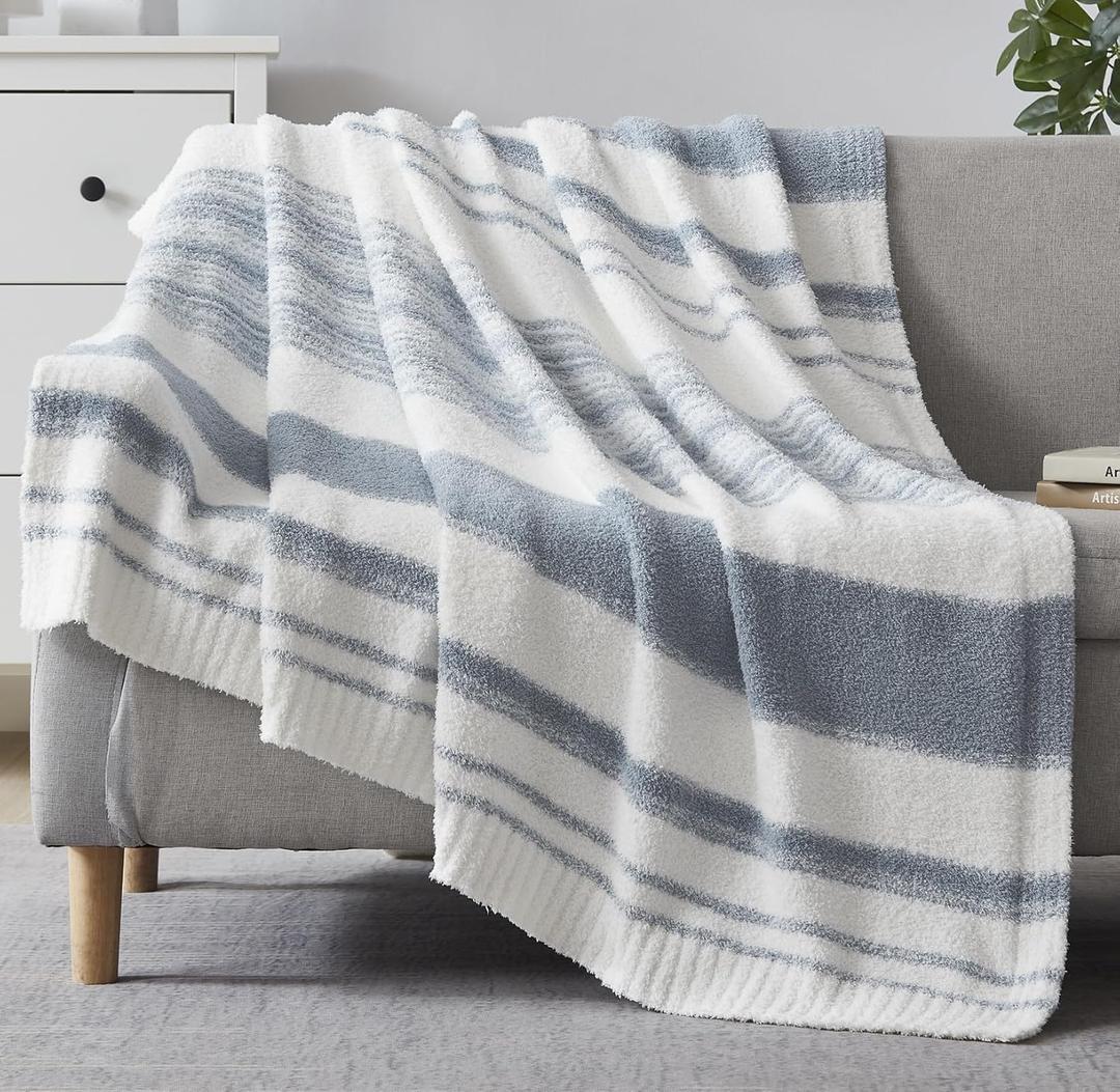 WRENGONGE Grey Blue Throw Blanket, 50x70 Soft Cozy Striped Throw Blankets for Couch, Sofa, Bed, Travel, Lightweight Fluffy Warm Plush Decorative Blankets for Women, Men Gift