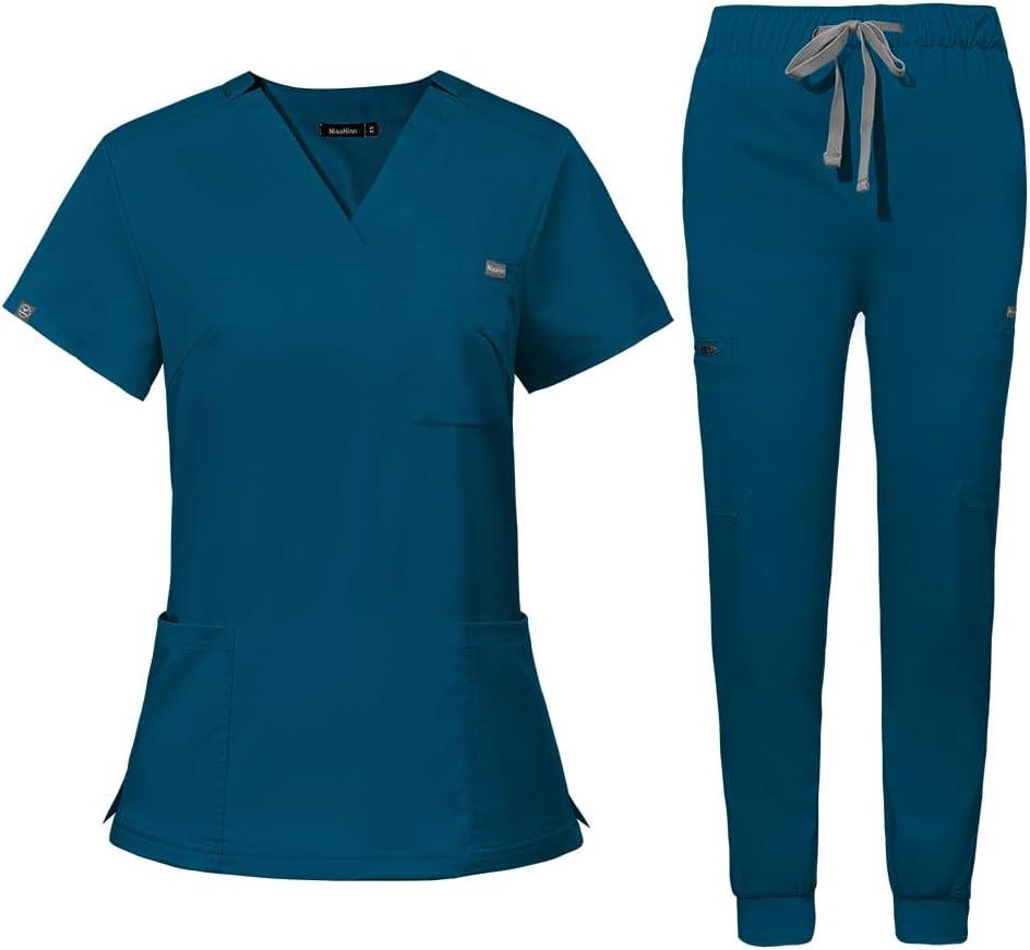 niaahinn Women's Scrub Top with Classic V-Neck & Yoga Jogger Pants Medical Nursing Uniform Set (Medium, Caribbean Blue)