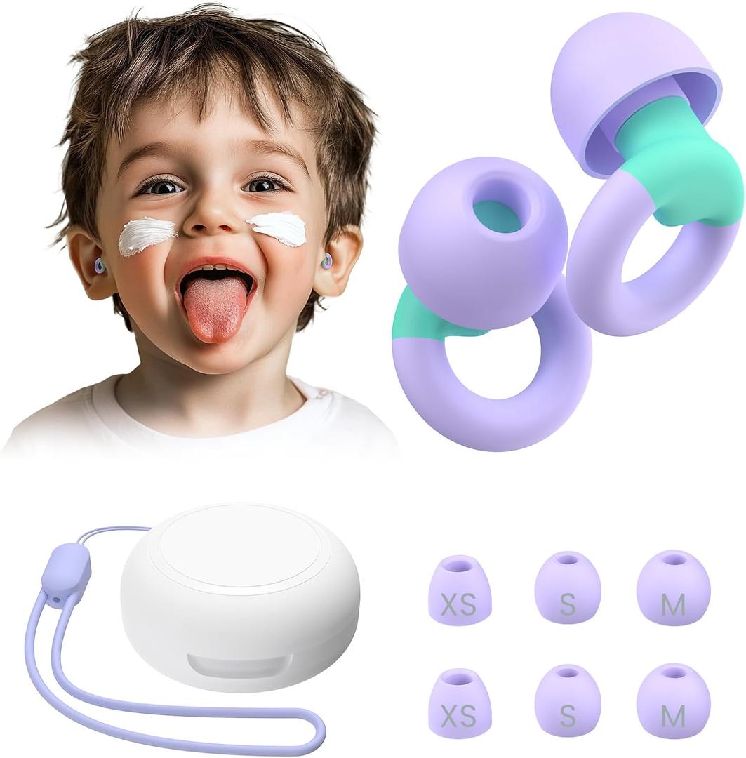 JUSTRVN Kids Ear Plugs(6+yrs)-2 Pairs of Reusable Noise Reduction Earplugs for Small Canal With 6 Tips,Soft Silicone Earplugs for Sleeping,Focus,Travel,Socializing,Concert&Hearing Protection 25dB-30dB (1 pair (Pack of 1), Orchid+Green)