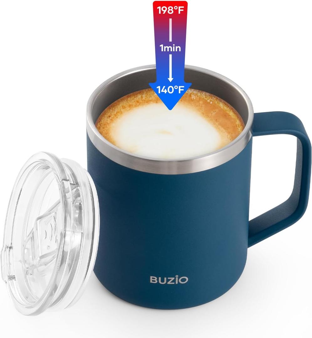 BUZIO Quick Cooling Insulated Coffee Mug with Lid, BPA-Free Coffee Cup with Handle 10oz, Leak Proof Reusable Vacuum Travel Coffee Tumbler Insulated, Best Gifts for Friends, Blue