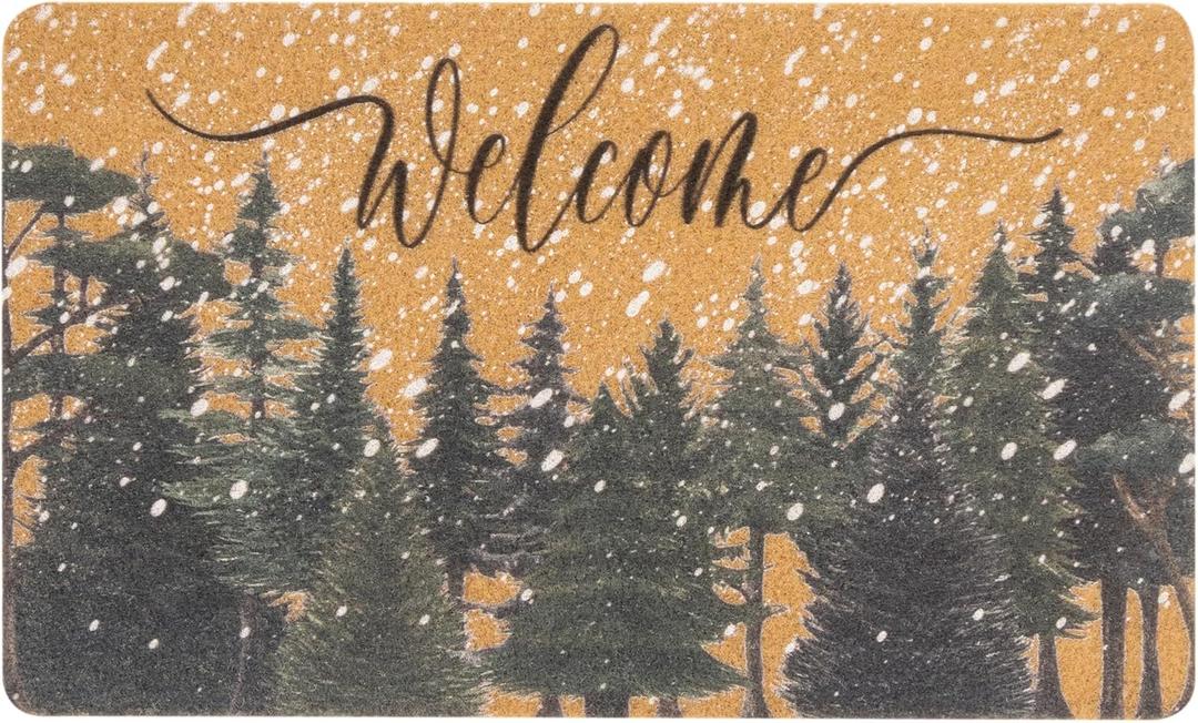 Winter Chirstmas Welcome-Doormat Outdoor-Entrance Pine-Trees Front-Door-Mat, Faux-Coir Seasonal Entryway-Rug Non-Slip Dirt-Trapping Indoor-Outside Porch Mat 17"x30" for Home Decor