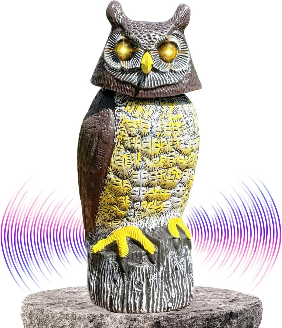 Solar Owl Guard with Motion Detector, Flashing Eyes, Spinning Head, Realistic Hooting and Silent Mode, Garden Owl, Outdoor Statue, Decoration for Home, Garden, Patio and Fence