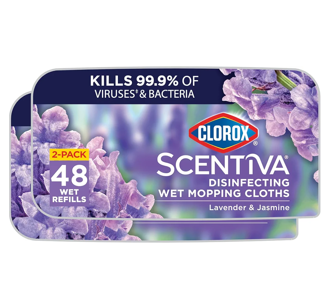 Clorox Scentiva Disinfecting Wet Mop Pad, Disposable Heads, Multi-Surface Floor Wipes, Lavender and Jasmine, 2 Packs, 24 Refills Per Pack 