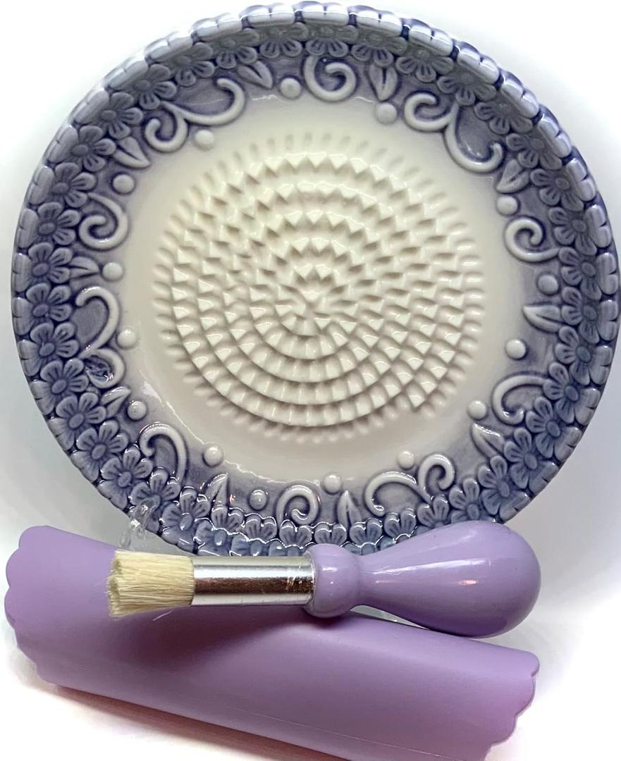 All-in-one Premium Ceramic Garlic Grater Plate 4-Piece Set - Purple Embossed Design and Style - For Garlic, Ginger, Chocolate, and more! - Comes with 5.25" Plate, Peeler, Brush, and Stand
