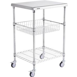 VEVOR Kitchen Utility Cart, 36.6"x20"x24" 3 Tiers Wire Rolling Cart, 470LBS Capacity Steel Service Cart with Brake Wheels, Storage Trolley with 76mm Basket PP Liner 6 Hooks, for Indoor & Outdoor Use