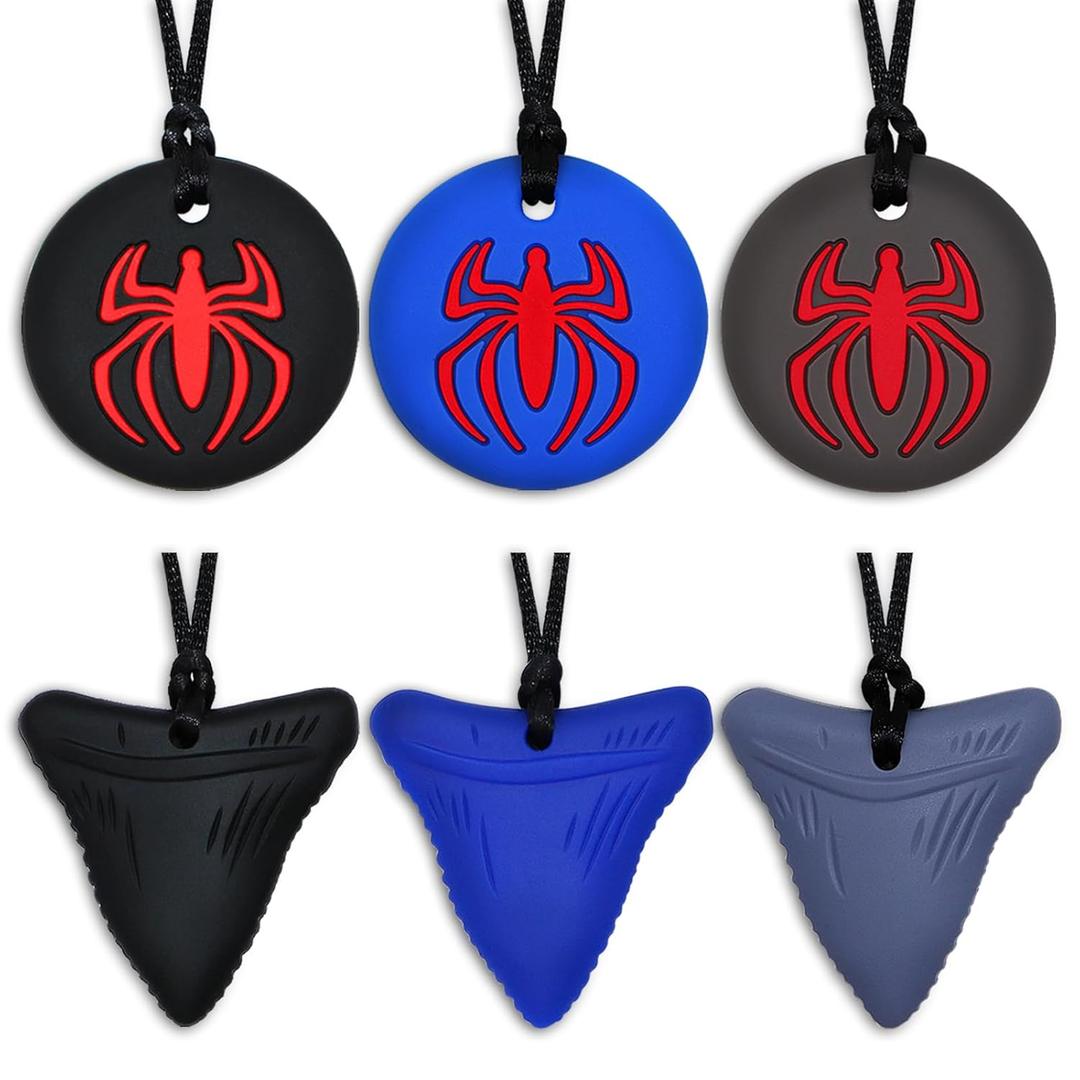 Chew Necklaces for Sensory Kids Boys, 6 Pack Chewy Necklace Sensory Toys for Kids with Autism, ADHD, SPD, Silicone Adult Chew Toys Teething Necklace Reduce Chewing Biting Fidgeting (blue/black/grey)
