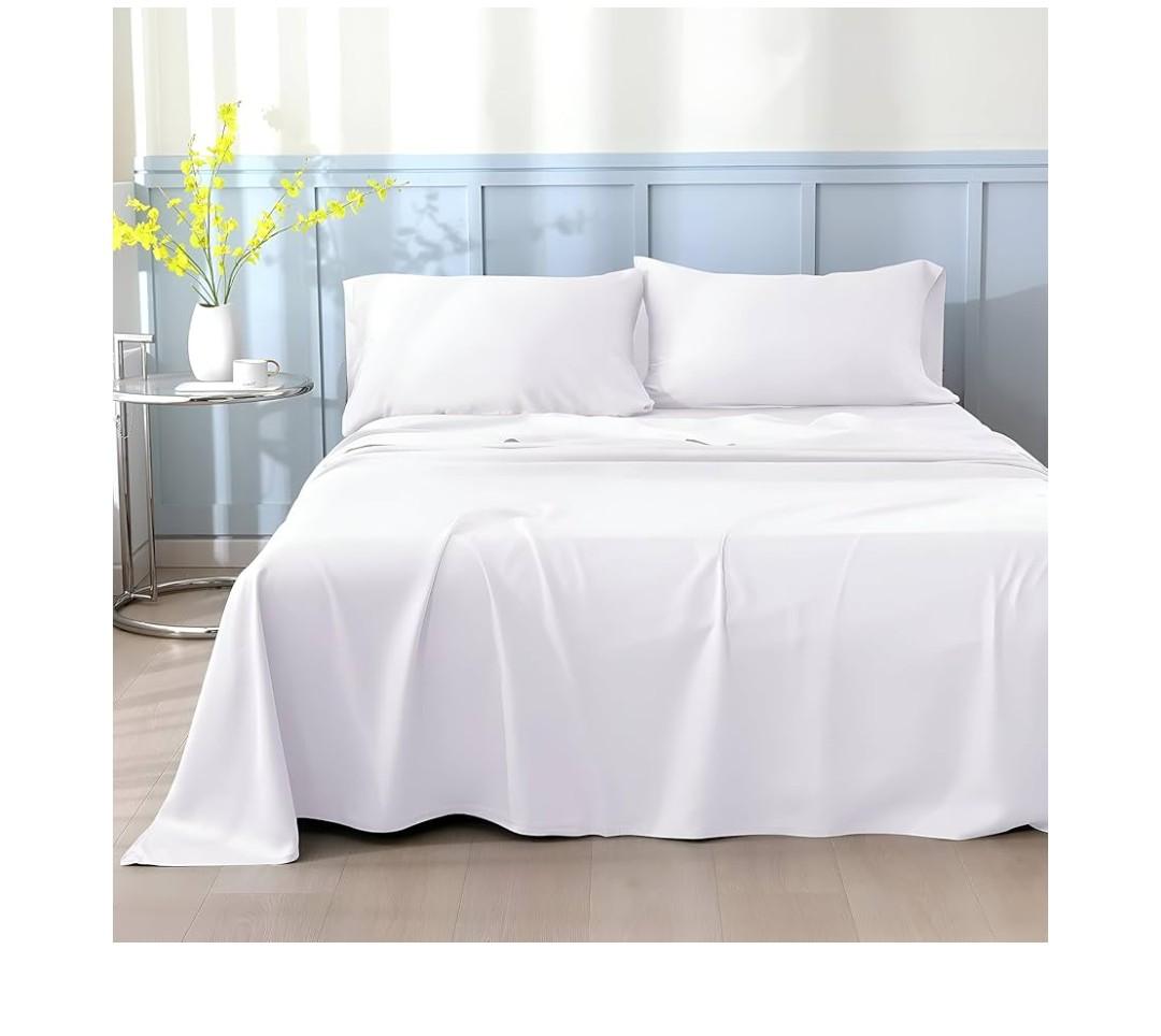 King Sheet Set 98 x 82 100%Coton,  Thread Count - 4 Piece RV Camper Bedding - Deep Pocket RV Sheets Fits Upto, Mattress - Soft & Breathable Camping Sheets - White