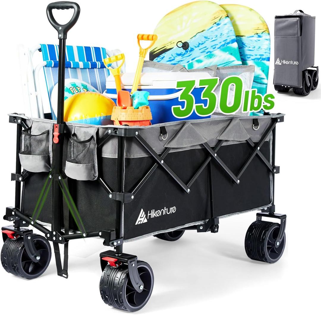 Hikenture Collapsible Wagon Cart, 330lbs Capacity Beach Wagons with Big Wheels for Sand, Heavy Duty Foldable Cart with Brakes, Portable Utility Folding Garden Cart for Outdoor (Black&grey)