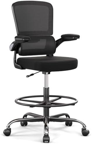 Ergonomic Drafting Chair with Footrest,Tall Office Chair for Standing Desk with Flip-up Armrests with Breathable Comfy Mesh Support and Adjustable Foot Rest Ring(Black)