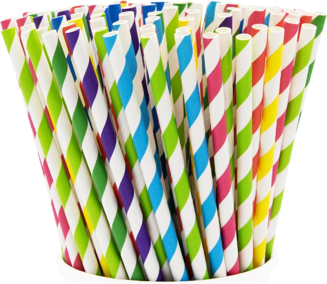 GUSTO [200 Pack] Striped Paper Drinking Straws Sturdy & Non-Soggy 100% Biodegradable, Food-Safe Ink, and Multi-Layered for Long-Lasting Use Vibrant Assorted Colors (Formerly Comfy Package)