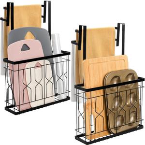 Bekith 2 Pack Cabinet Door Organizer with Double Towel Bar, Over The Cabinet Door Organizer and Storage for Cutting Board, Baking Sheet, Plastic Wrap, Black