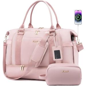 Gym Bag for Women LOVEVOOK Travel Duffel Bag with USB Charging Port,Weekender Bags for Women with Shoe Compartment,Carry on Overnight Bag with Toiletry Bag,Hospital Bags for Labor and Deliver (Large-with Baggage Tag, Light Pink)