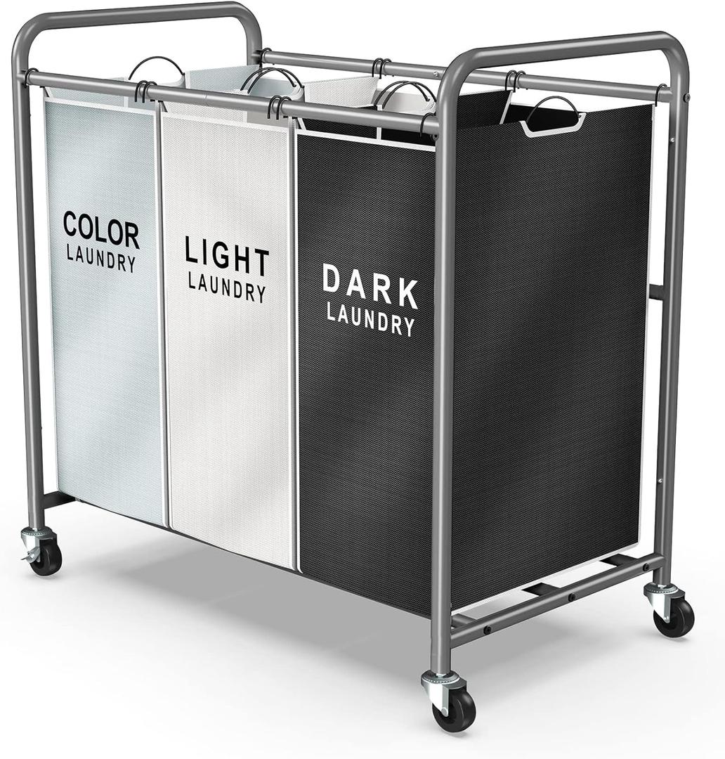 ROMOON Laundry Sorter Hamper 3 Section, Divided Laundry Basket Organizer with Heavy Duty Lockable Wheels and Removable Bags, Rolling Clothes Hamper for Apartment, Dorm & Family (130L Multicolor)